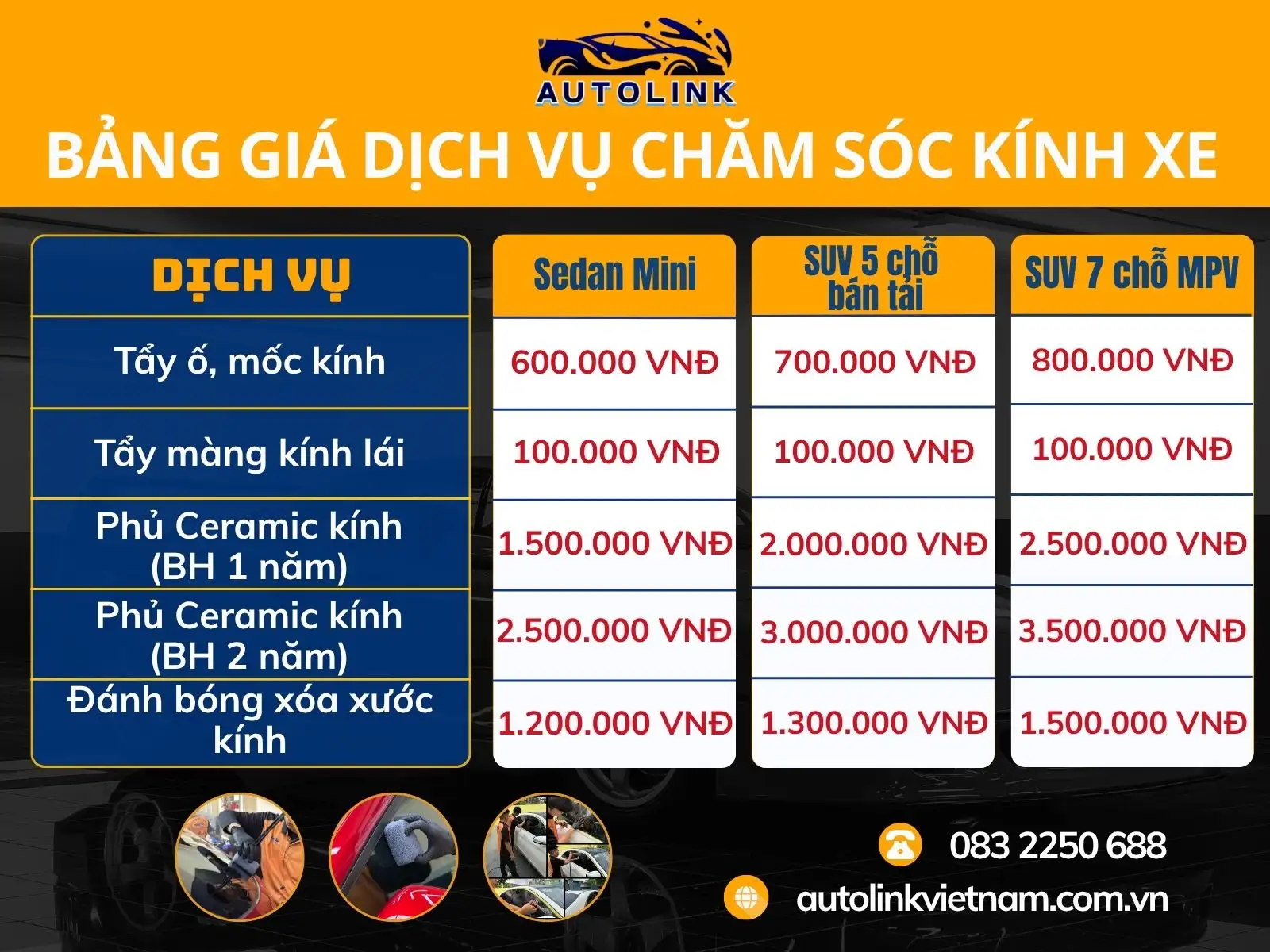 Bảng giá Dịch vụ chăm sóc kính xe