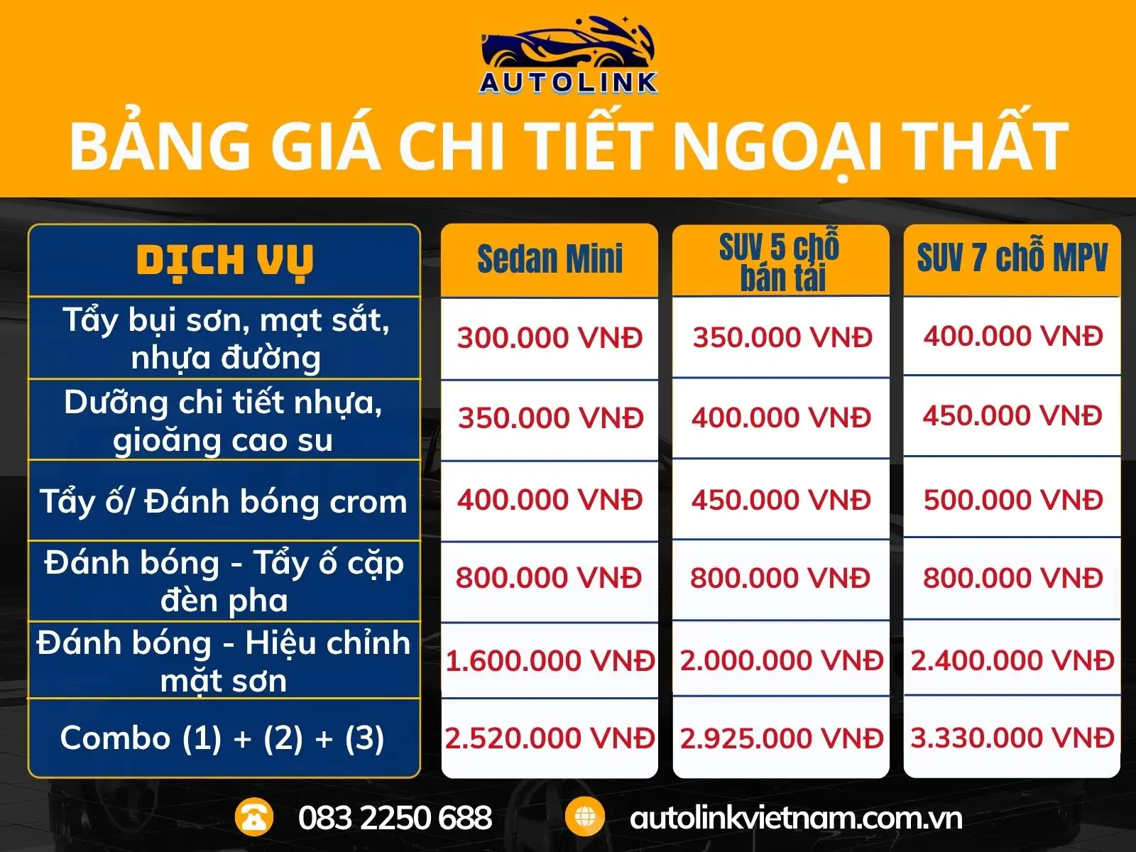 Bảng giá dịch vụ chăm sóc và chi tiết ngoại thất