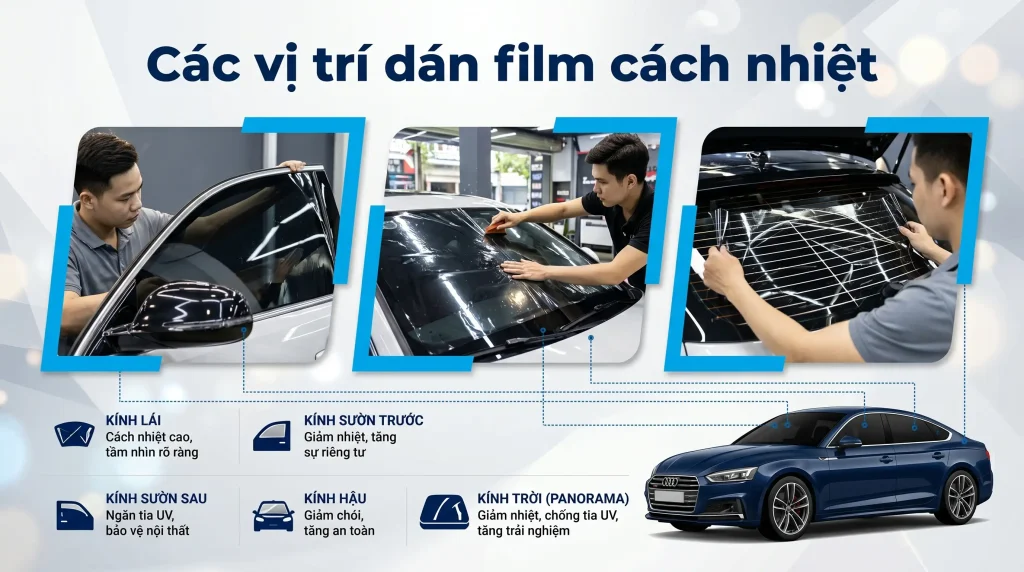 Các vị trí dán phim cách nhiệt Các vị trí dán phim cách nhiệt